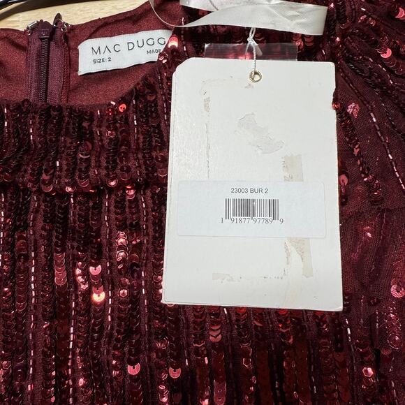Mac Duggal NWT Red Long Sleeve Ruffle Detail Sequin Midi Dress Size 2 High Neck - Picture 6 of 10
